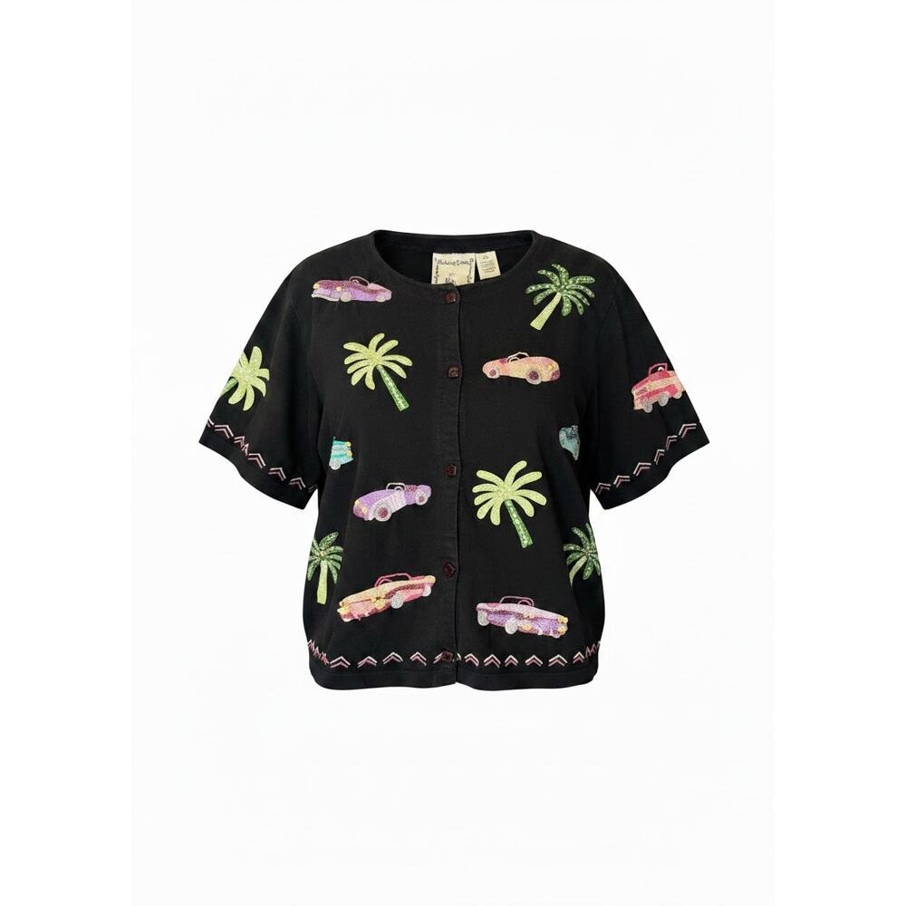 Michael Simon Lite Vintage Embroidered Blouse | Cars & Palms | Size L | 90s